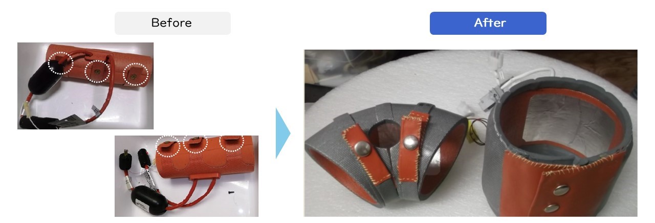 改善前と改善後。樹脂カバー・ボタンフックに使われている材質に、耐熱バンド＋メタル・ボタンフックを採用することで強度を高めることができます。