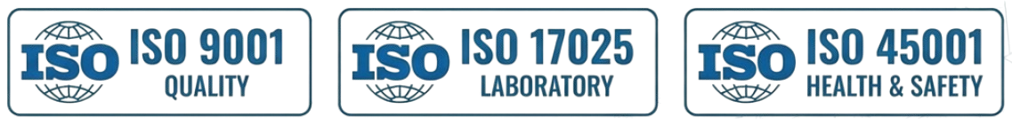 ISO 9001:2018（品質マネジメント）、ISO 17025（認定試験室）、ISO 45001（労働安全衛生）